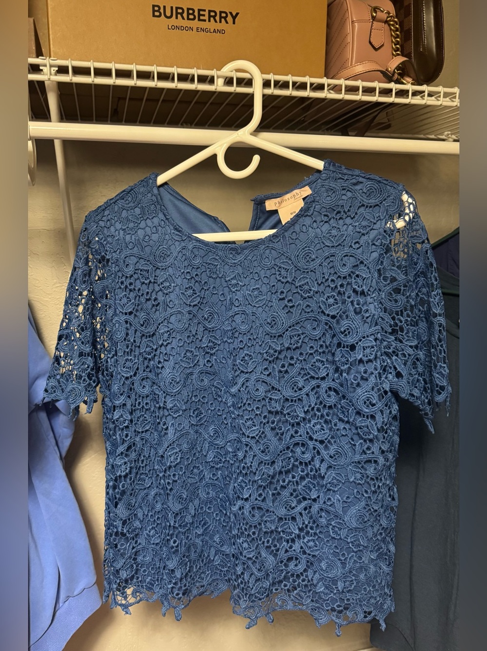 Philosophy Blue Crochet Lace Short Sleeve Top